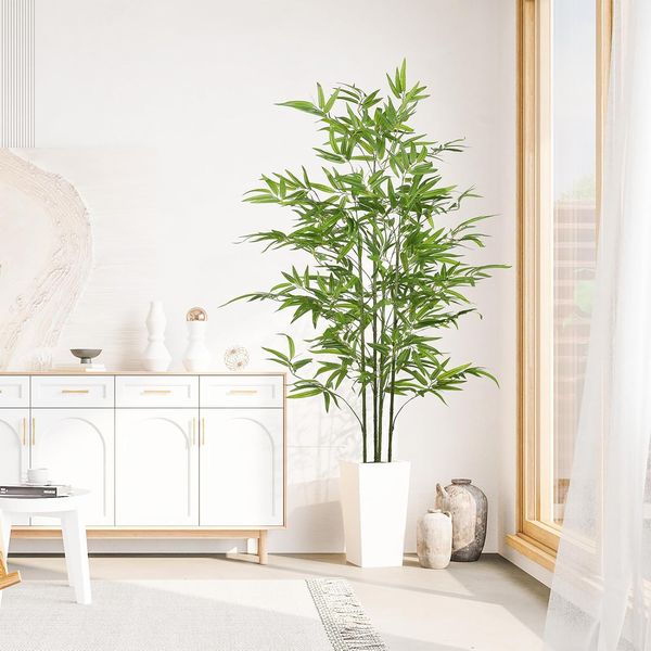 YOLEO 5FT/6FT Artificial Bamboo Tree with White Tall Planter, Lifelike Fake Silk Tree Indoor, Faux Bamboo Tall Plant for Living Room Bedroom Balcony Corner Office Deco