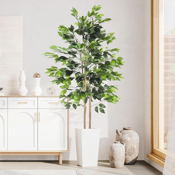 YOLEO 5FT/6FT Artificial Ficus Tree with White Tall Planter, Lifelike Fake Silk Tree Indoor, Faux Ficus Tall Plant for Living Room Bedroom Balcony Corner Office Decor