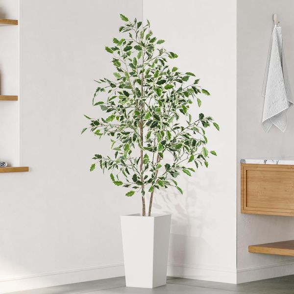 YOLEO 5FT Artificial Ficus Tree with White Tall Planter, Lifelike Fake Silk Tree Indoor, Faux Ficus Tall Plant for Living Room Bedroom Balcony Corner Office Decor