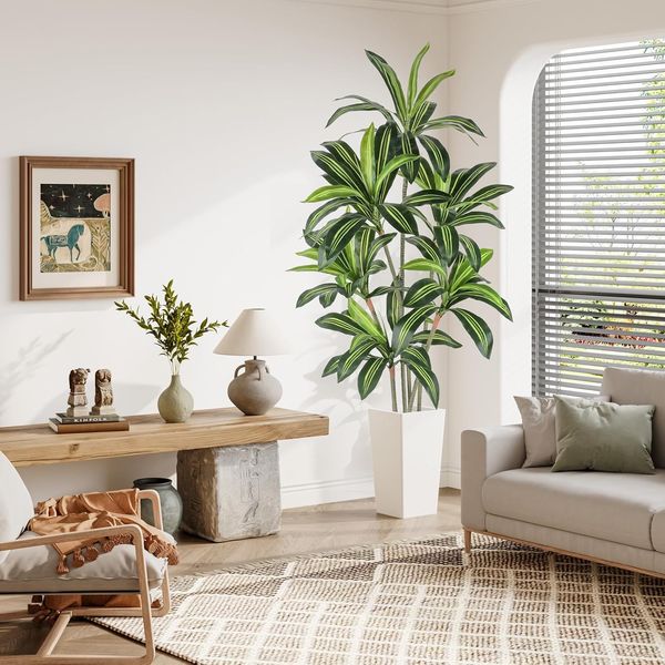 YOLEO 5FT/6FT Artificial Dracaena Tree with White Tall Planter, Lifelike Fake Silk Tree Indoor, Faux Dracaena Tall Plant for Living Room Bedroom Balcony Corner Office Decor
