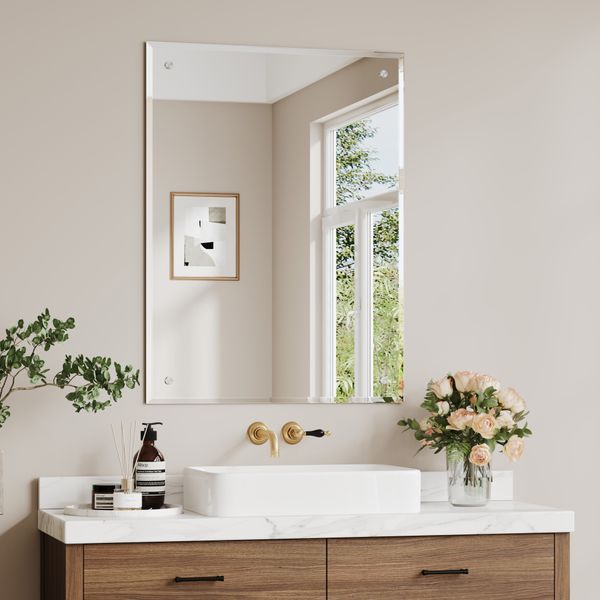 Dripex Frameless Bathroom Mirror, Wall Mounted Bathroom Mirror with Bevelled Edge & Pre-Drilled Holes for Dressing Room Bedroom Living Room