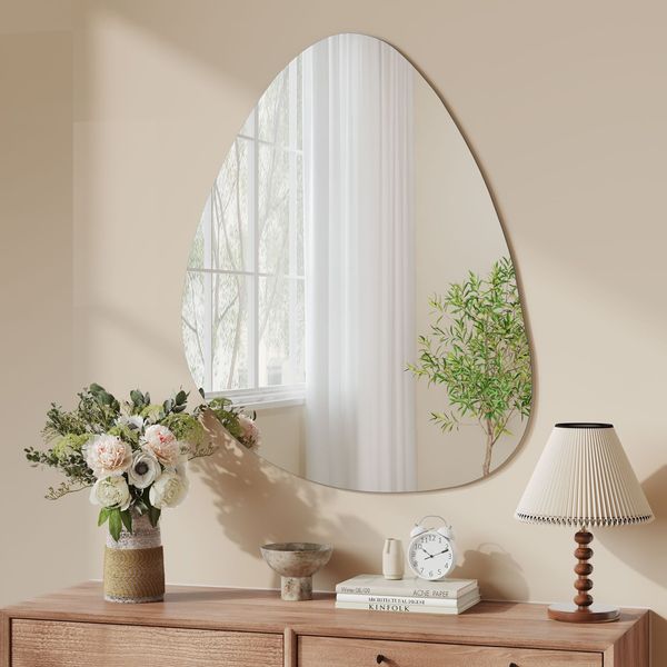 Dripex Irregular Wall Mirror, 65 x 50cm/ 70 x 50cm Frameless Bathroom Mirror Wall Mounted with Pre-Fitted Hanging Holes & Fixing Kit - Wall Mounted Horizontally or Vertically