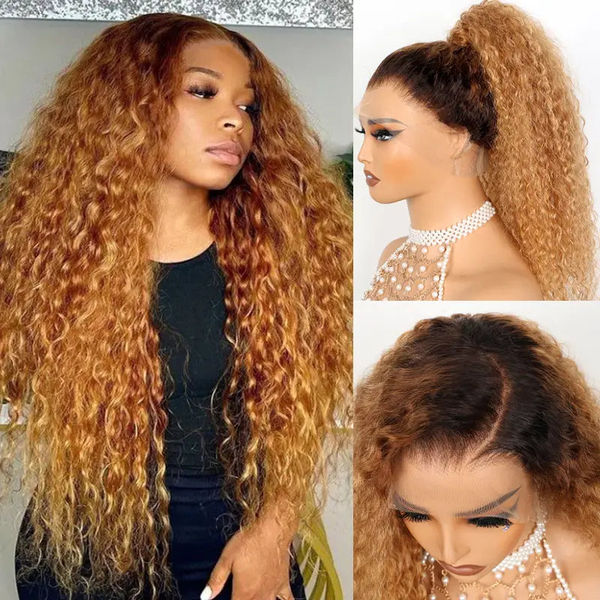 Flash Sale Water Wave Invisi Strap 360 Skin Lace Frontal Ombre Honey Blonde Wig With Chocolate Dark Roots Pre Everything Glueless Wig