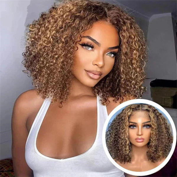 [US 24H Ship] Pull Go Blonde Highlight 6x4.5 Lace Closure Kinky Curly Human Hair Wig