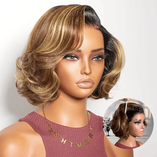70% OFF| 7x5 Closure Lace Peacock Curls Brown Highlight Ombre Bob Wig StayLock™ Contour Structure Glueless Wig 720° Snug Fit Pre-Everything Human Hair Wigs