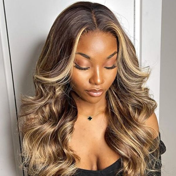 Blonde Highlight Glueless Pre Cut Lace Body Wave Wigs with Pre Plucked Hairline & Bleached Knots