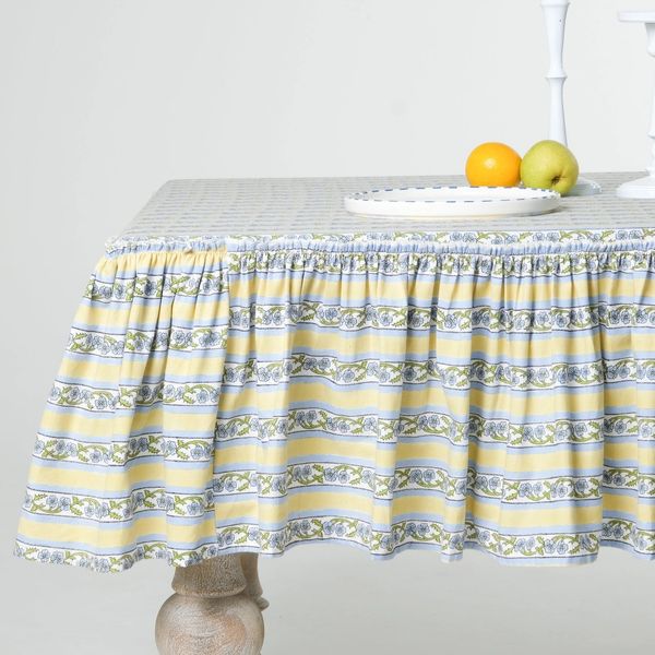 Provence Ruffled Blockprint Tablecloth in Butter Yellow