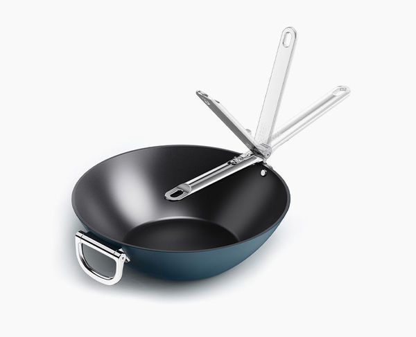 Wok Space antiadhésif en céramique 32 cm bleu poignée pliante