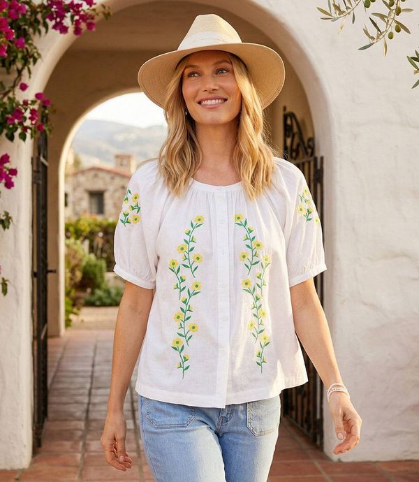 Puff Sleeve Embroidered Peasant Top