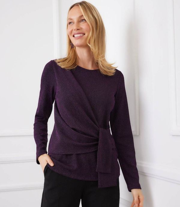 Long Sleeve Metallic Knit Side-Tie Top