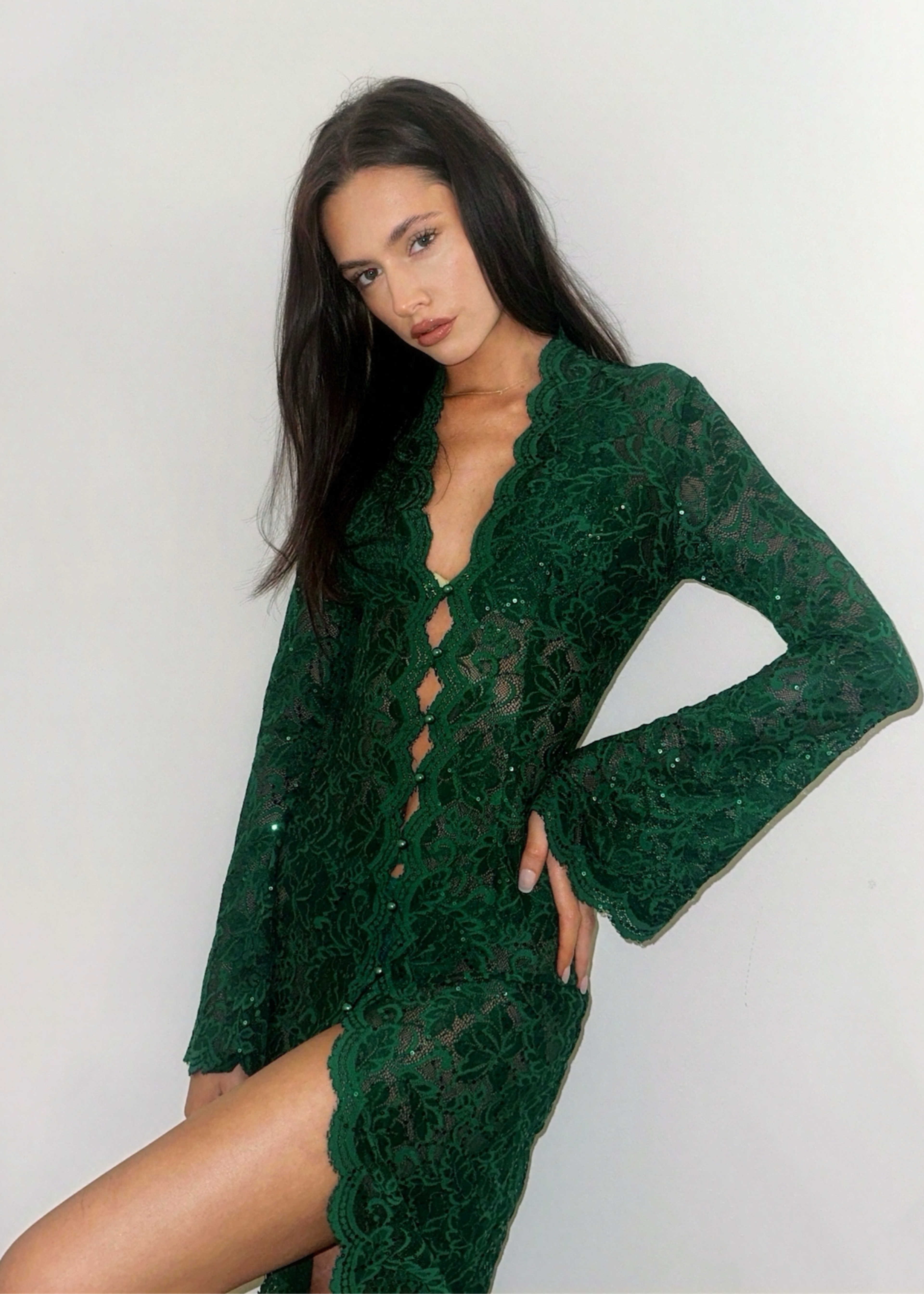 Venus Lace Robe - Emerald Green Lingerie | Empress Mimi