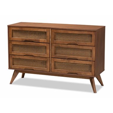 Barrett Mid-Century Modern Dresser in Walnut Brown with 6 Drawers & Synthetic Rattan Charm