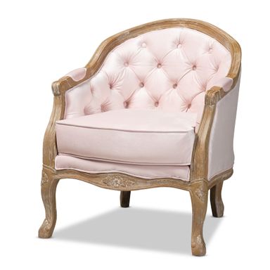 Genevieve Vintage French Provincial Pink Velvet Armchair - White-Washed Oak, Luxurious Comfort & Style
