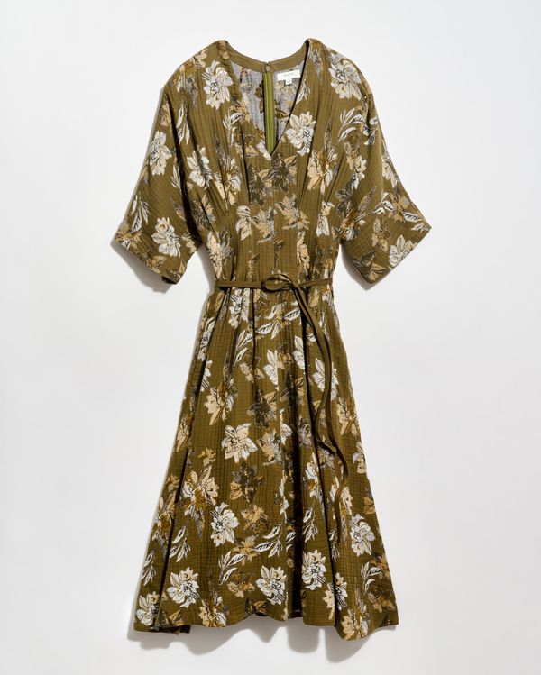 Peony Jacquard Waist Pleat Dress