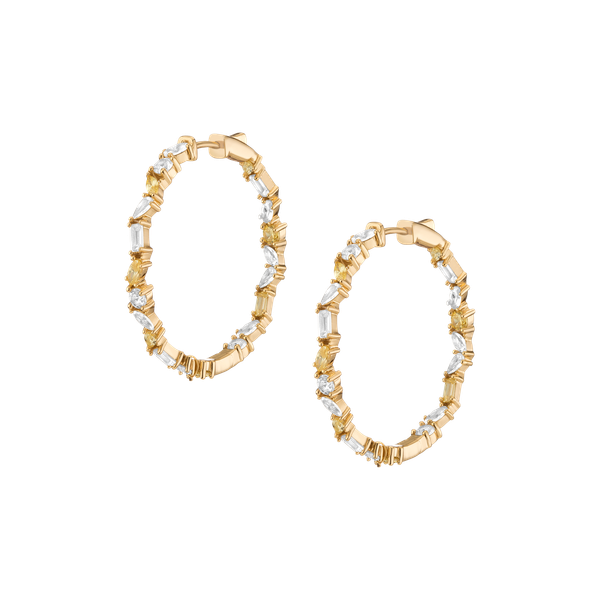Lab Grown White Sapphire and Canary Mixed Shape Hoop Earrings