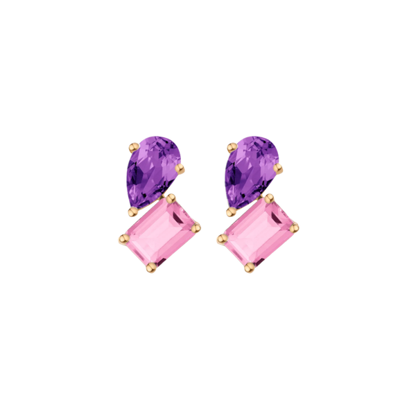 Toi et Moi Gemstone Heirloom Earring - Pink Tourmaline & Amethyst