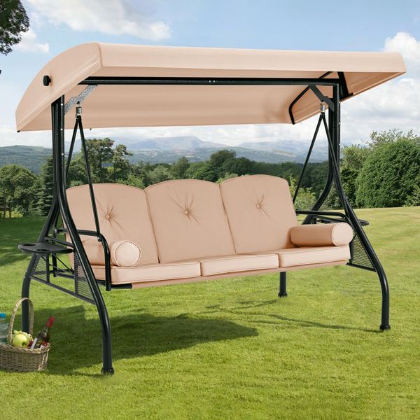 EROMMY 3-Seat Patio Porch Swing with Adjustable Canopy, Khaki