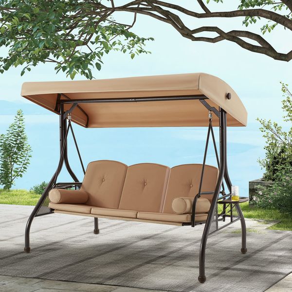 EROMMY 3-Seat Patio Porch Swing with Adjustable Canopy, Brown