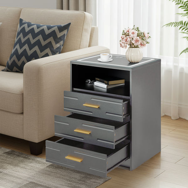 EROMMY LED Nightstand with Wireless Charging, Smart Bedside Table with Drawers & Adjustable LED Lights, Gray