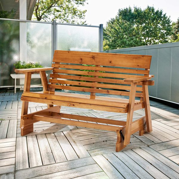 EROMMY Wooden Patio Glider Bench with Cup Holders Heavy Duty 900lbs