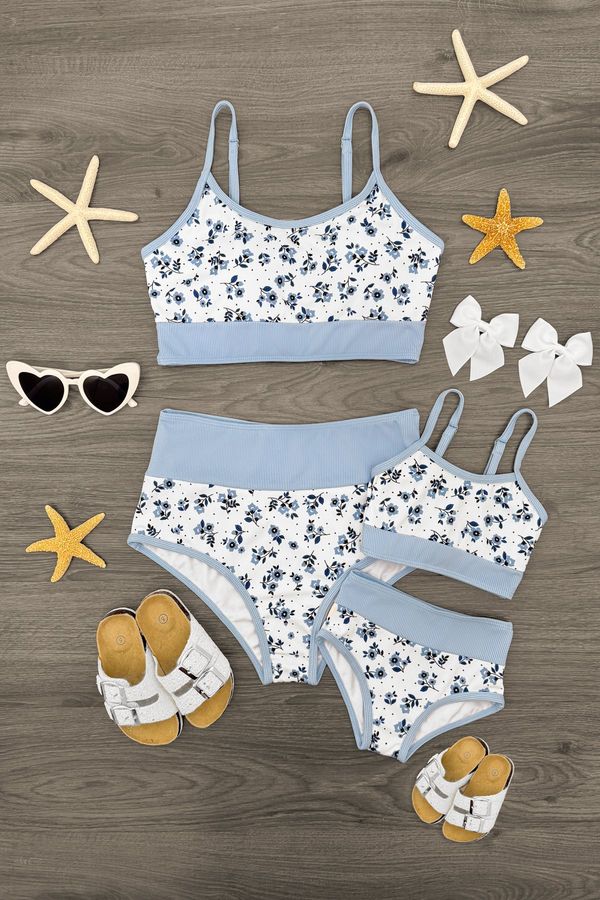 Mom & Me - Blue & White Ribbed Floral Bikini