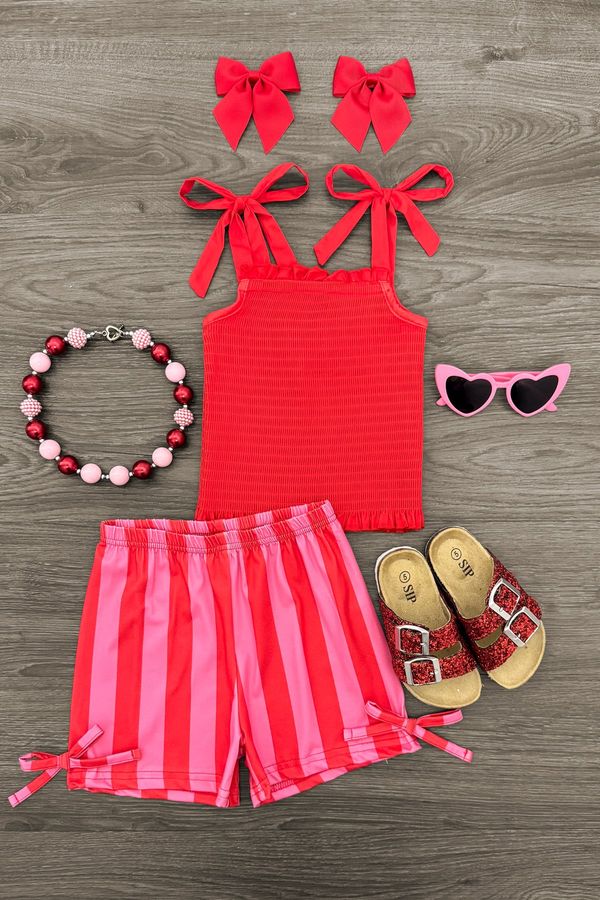 Red & Pink Striped Tie Short Set