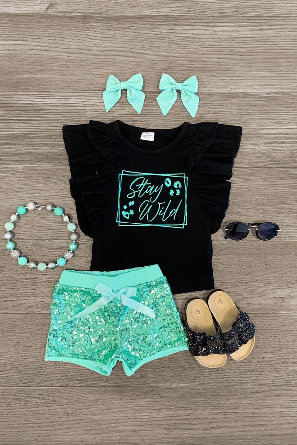 "Stay Wild" Mint Sequin Short Set