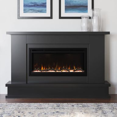 Modern Ember Patton Venetian Electric Fireplace Mantel Package in Black