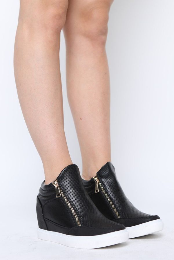 Black PU Zip Detail Wedged Trainers - Valarie
