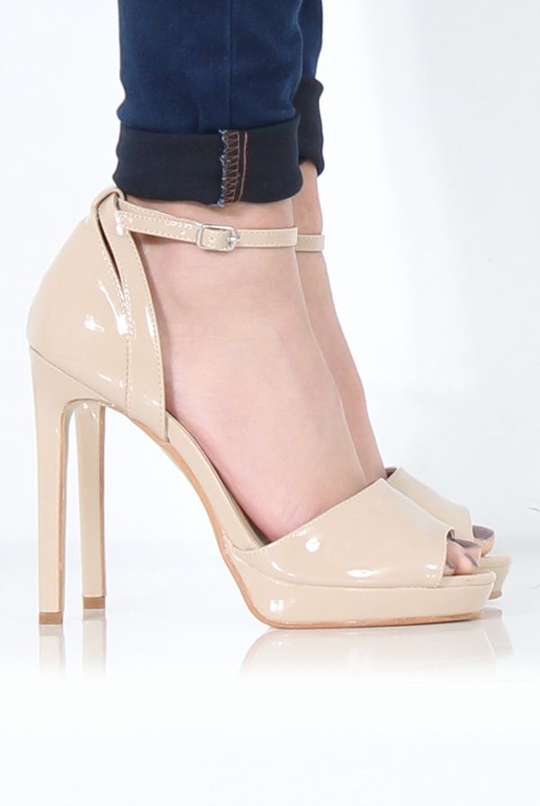 Nude Patent Peep Toe High Heels - Mya