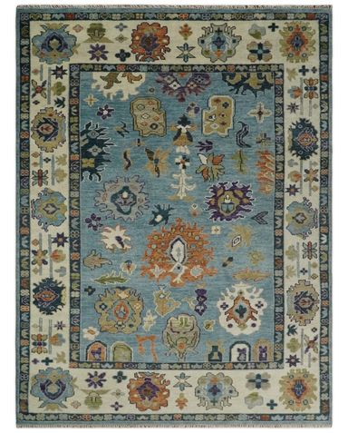 Oushak 5x8, 6x9, 8x10, 9x12, 10x14 and 12x15 Hand Knotted Blue and Ivory Traditional Vintage Wool Rug | TRDCP784