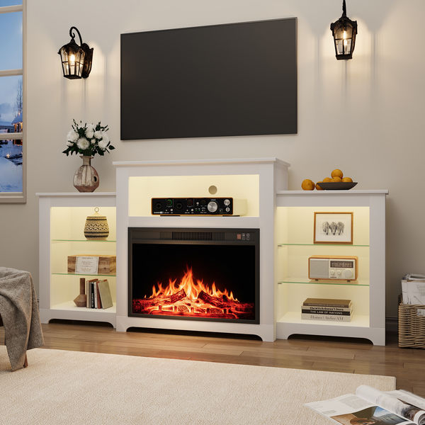 Homrest 70" TV Stand with 26'' Modern Fireplace & 16 Color Light Strip - White