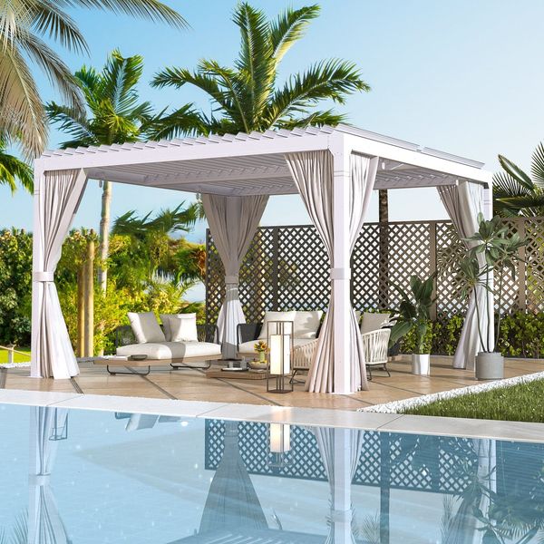 HOMREST Louvered Pergola 12x12 Outdoor Hard Top Pergola with Aluminum Frame and Adjustable Metal Rainproof Roof for Garden & Patio, Curtains and Netting Included, White