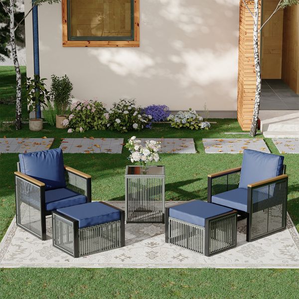 HOMREST 5 Pieces Patio Set Outdoor Furniture Set with Wood Armrest for Garden Balcony Backyard Poolside (Blue)