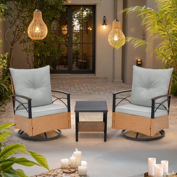 HOMREST 3-Piece Patio Swivel Rocker Set with Rattan Coffee Table, Gray