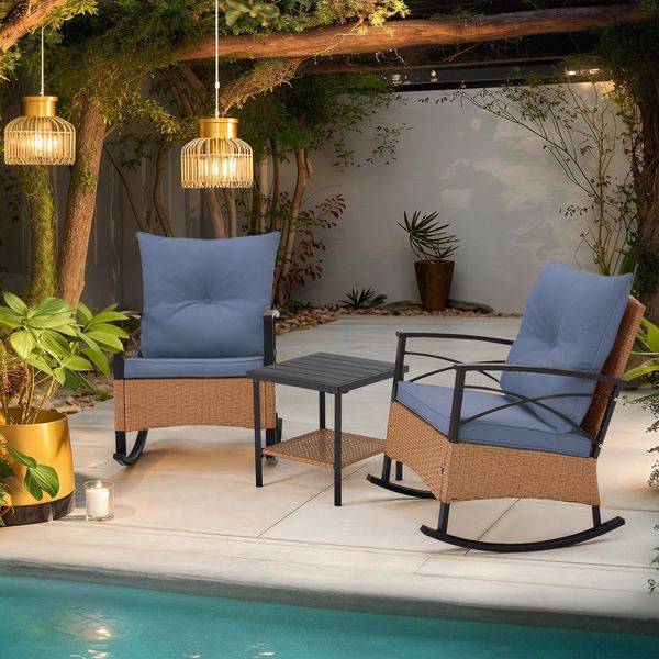 HOMREST 3-Piece Bistro Set: Outdoor Rattan Rocking Chairs with Cushions and Coffee Table