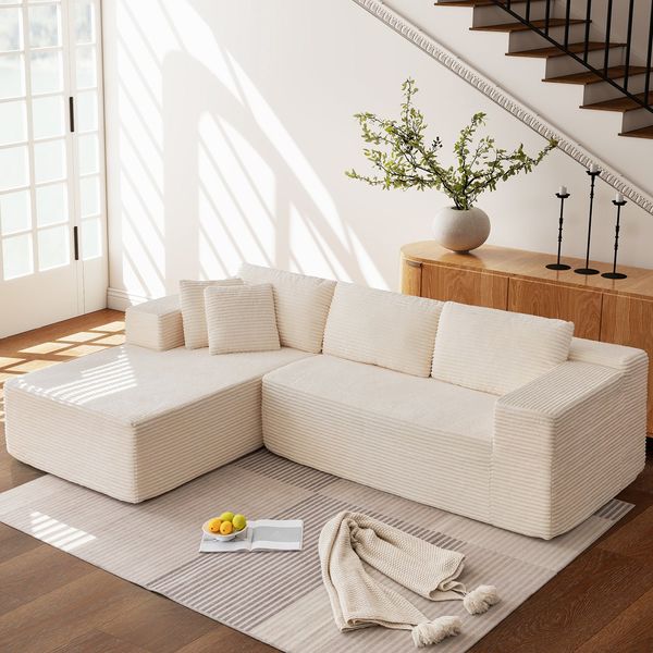 HOMREST 106 inch Cloud Sectional Couch with Chaise Lounge for Living Room Bedroom Apartment, Corduroy Fabric, Beige