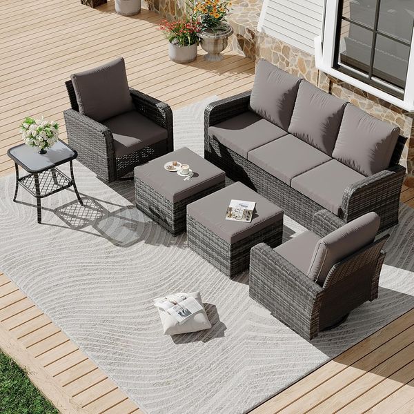 HOMREST 6 Piece Patio Conversation Sets with Sofa Couch, Rattan Wicker Swivel Chairs with 2 Ottoman, Coffee Table & Cushions, Grey