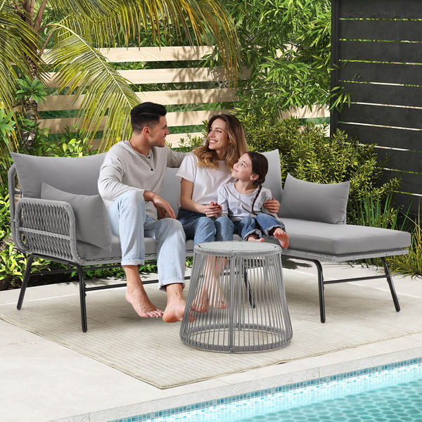 Homrest L-Shaped Wicker Patio Sofa Set with Tempered Glass Table - Gray