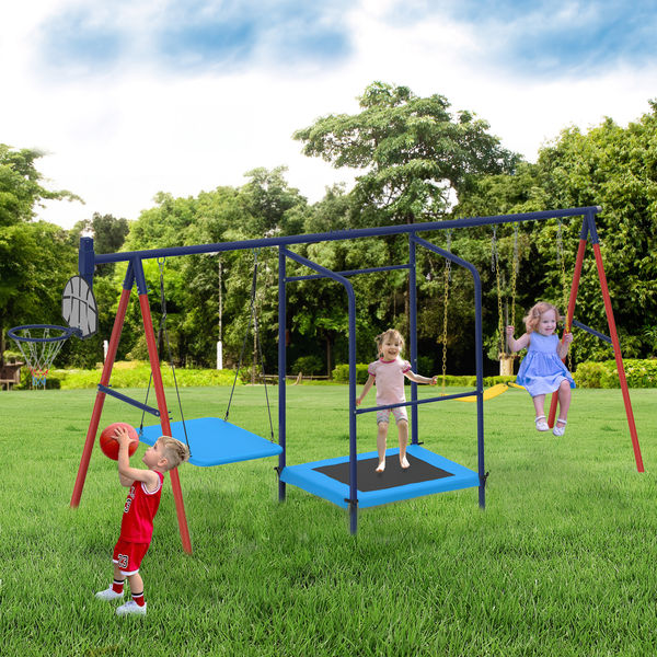 Homrest 5 in 1 Lifetime Swing Set for Backyard, Heavy Duty Metal Kids Playground with Trampoline, Saucer Swing, Belt Swings & Basketball Hoop, Outdoor Playset Holds Up to 440 lbs