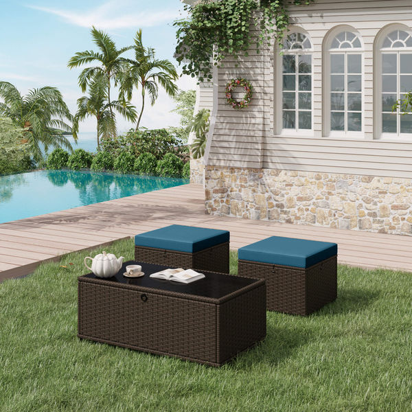 HOMREST 3 Piece Patio Furniture Set, Outdoor Wicker Ottoman & Coffee Table Set, 2 Cushioned Footrests with 1 Patio Side Table (Turquoise)