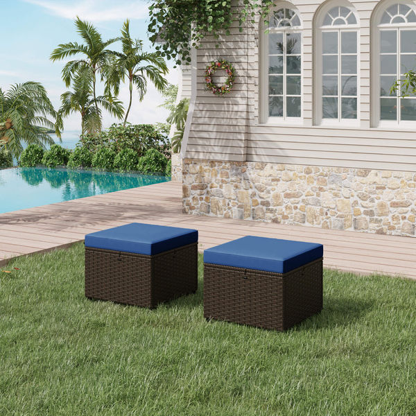 HOMREST 2 Piece All-Weather Outdoor Wicker Ottoman, Patio Footrest & Extra Seat with Thick Cushion (Navy Blue)