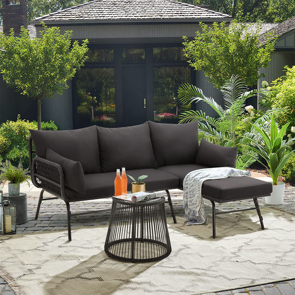 Homrest 3-Piece Patio Sectional Sofa with All-Weather Cushion & Coffee Table - Black