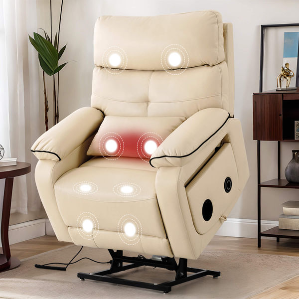 Infinite Position Power Lift Recliner Chair W/ Wireless Charger & Cup Holder, Vibration Massage & Heating, Genuine Leather