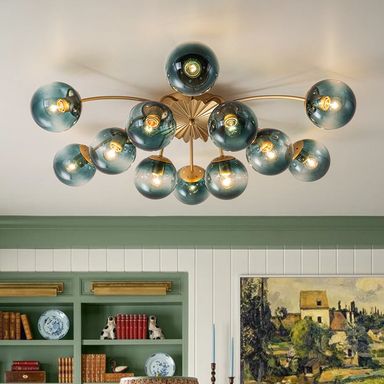 Glam Bloom 12-Light Blue Glass Bubble Semi Flush Chandelier