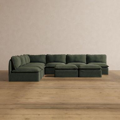 Modular Washable 7-Seater Open-Ends Corner Sectional + Bench Ottoman in Olivine | Memorix+ Seat | Contour Pillow