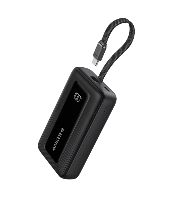 Refurbished Anker Zolo Power Bank (10K, 30W) with a 5.4-inch (13.7 cm) built-in USB-C cable.