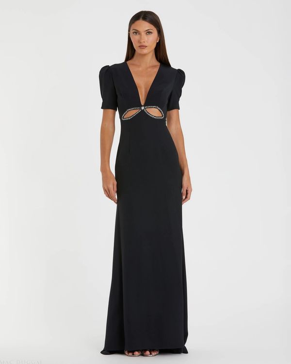 Black Plunge Neck Puff Sleeve Cut Out Gown - FINAL SALE