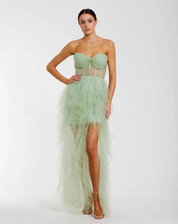 Green Strapless Corset Gown With Spiral Ruffles