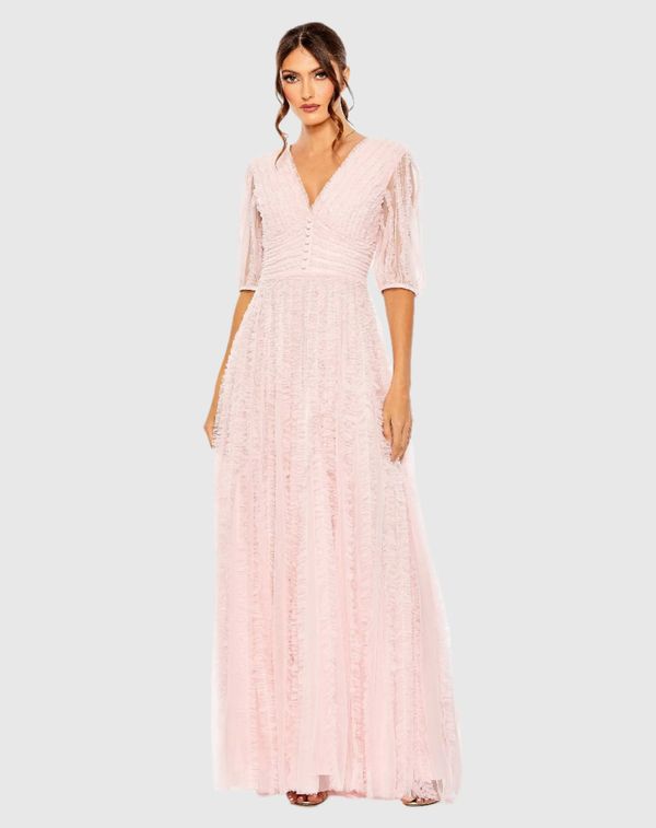 Pink V Neck Puff Sleeve Ruffle Tiered A Line Gown